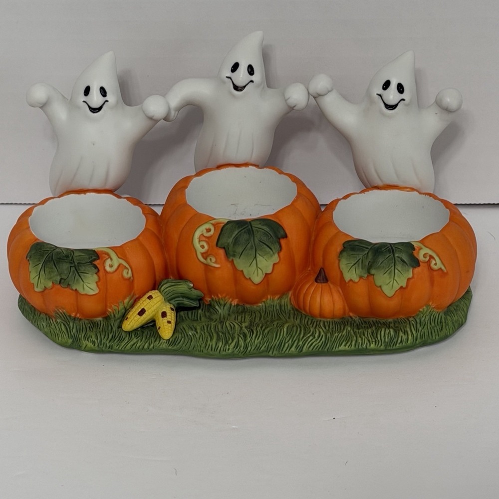 Vintage Partylite Halloween 3 Ghost Pumpkin Votive Holder Home Decor Holiday